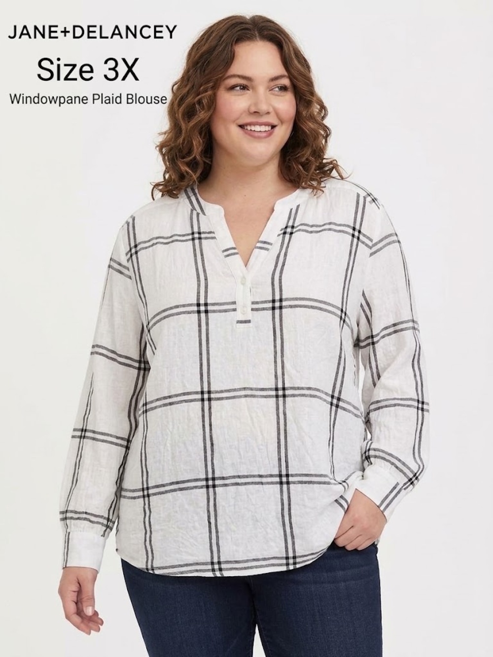 Jane+Delancey 3X Blouse Shirt Top Windowpane Plaid Black/White - Pullover